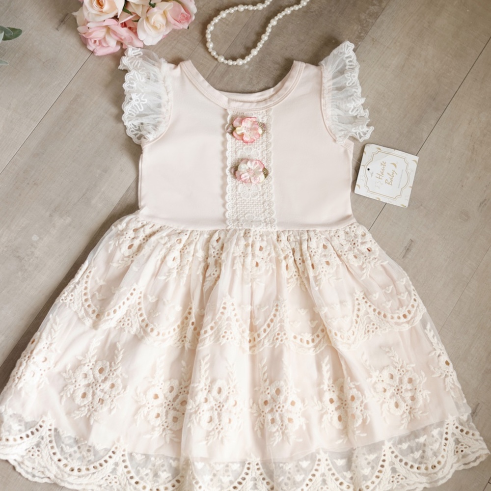 Haute Baby Ivory Peach Blush Cotton Embroidered Lace Dress Size 4 NWT